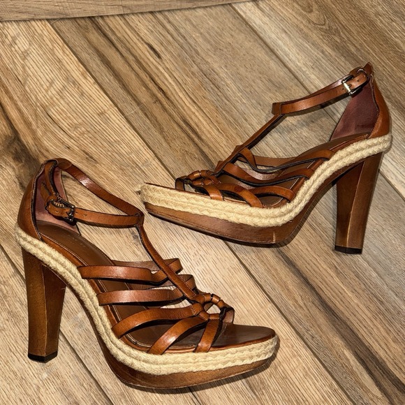 Coach Brown Leather Wooden Platform Espadrille Heels Boho Retro Strappy 9.5 - Picture 1 of 9
